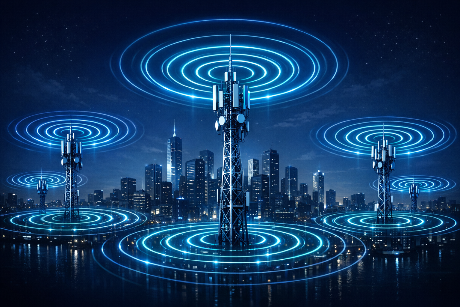 Digital network coverage visualization showing signal waves radiating from telecom towers across a modern city skyline